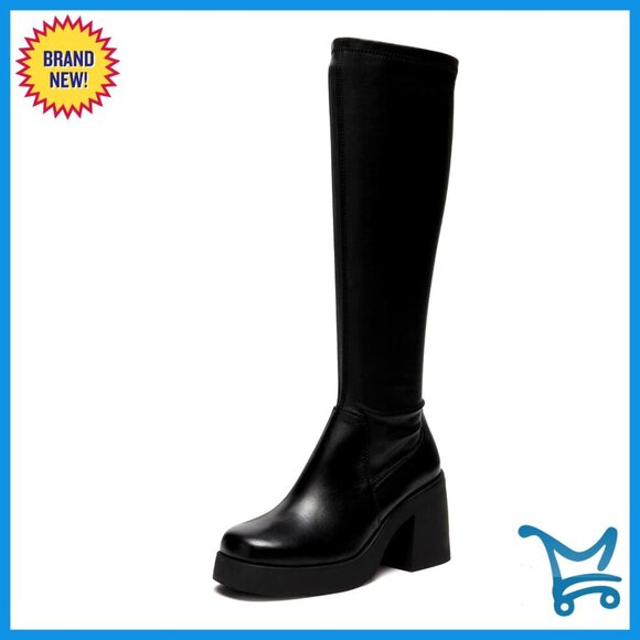 Shoes - Knee High Boots Square Toe Platform Chunky Block Heel Stretch Side Zipper